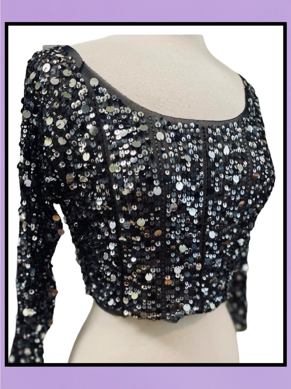 HAVENBLEU Black Net Silver Sequins Beads Crop Pullover Top M New